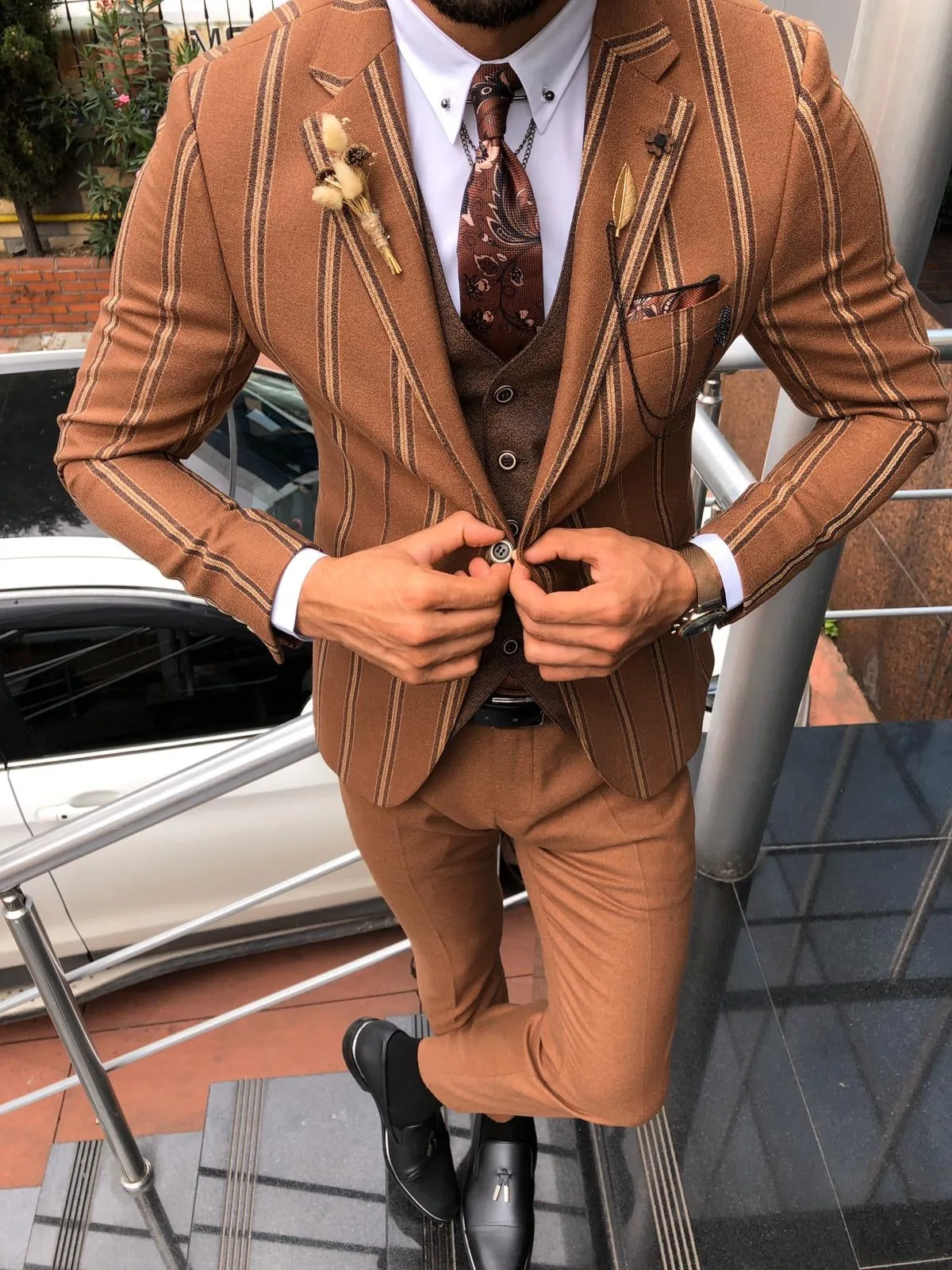 Slim-Fit Striped Suit Vest Camel