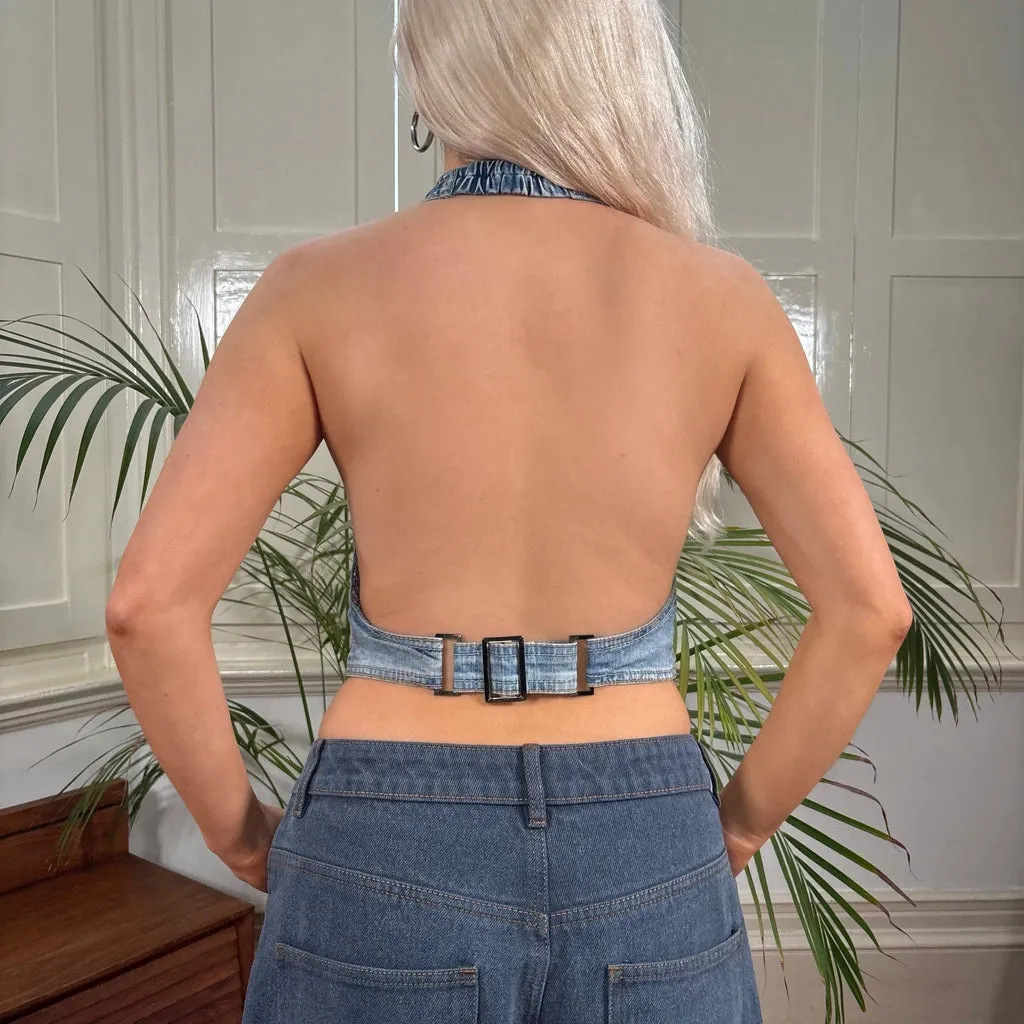 Smagli Jeans Halterneck Top - Small Blue Cotton