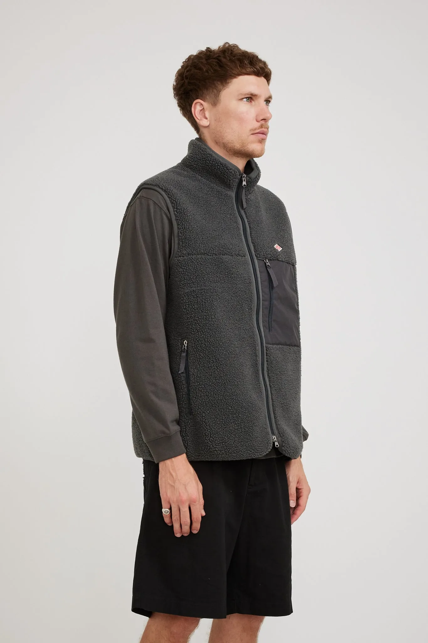 Stand Collar Vest Light Boa Charcoal Grey
