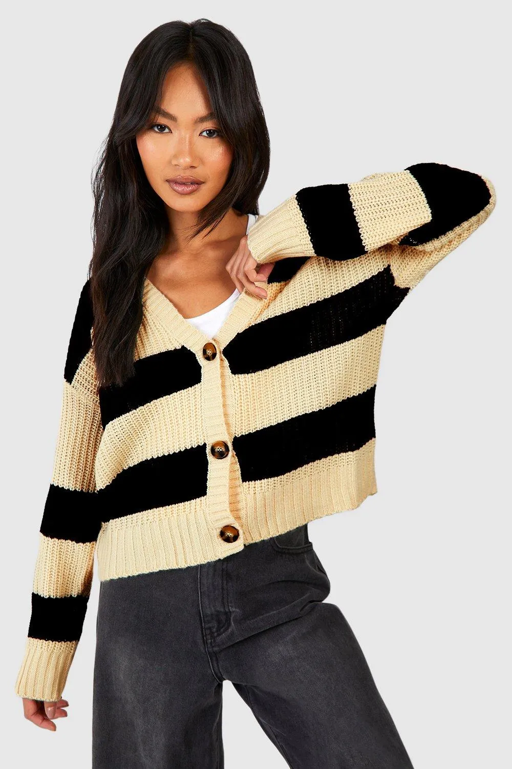 Stripe Fisherman Rib Knit Crop Cardigan