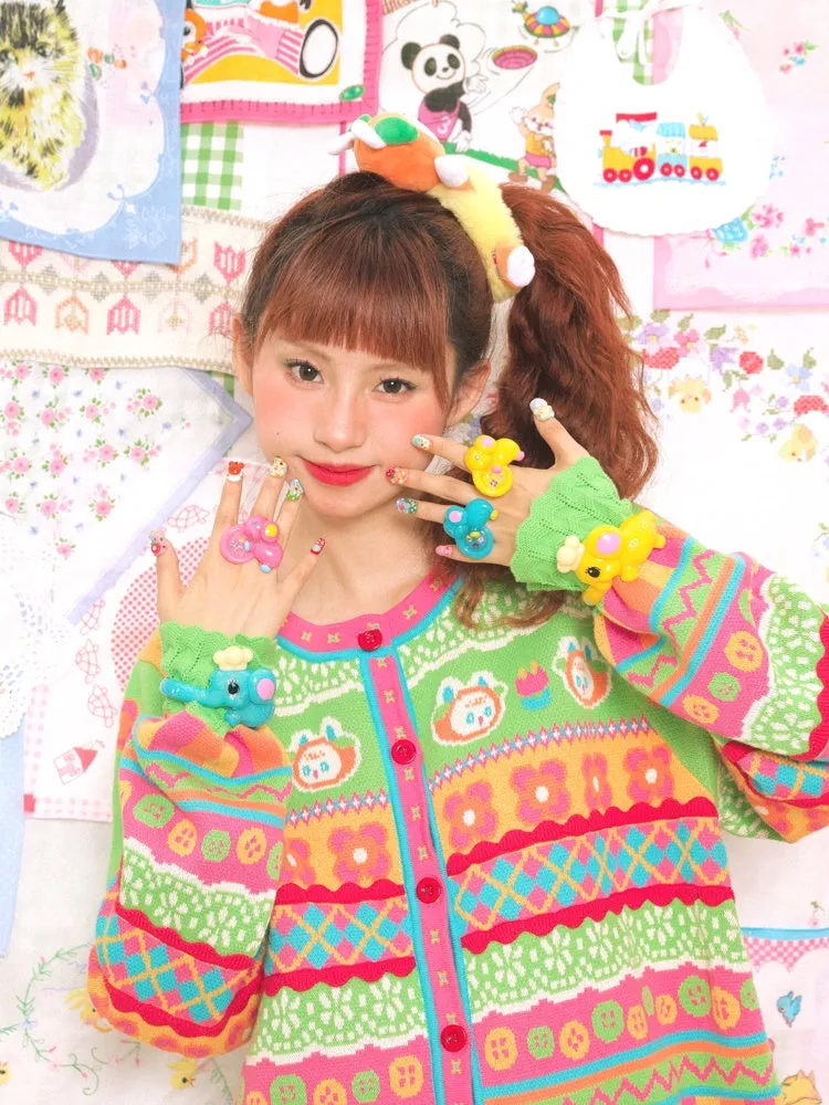 Striped Bunny Check Round Neck Knitted Cardigan