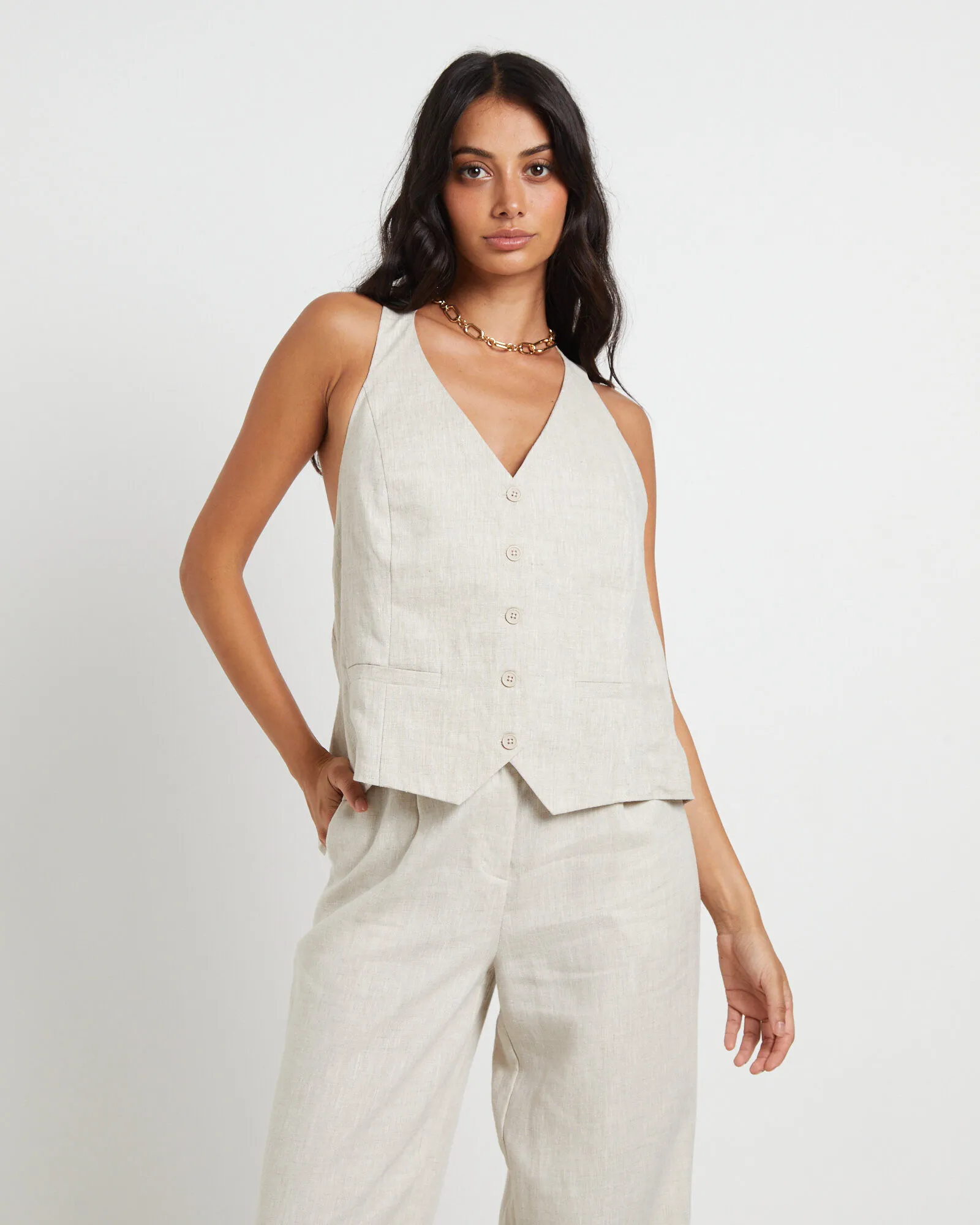 Subtitled Naomi Linen Halter Vest in Oat Marle