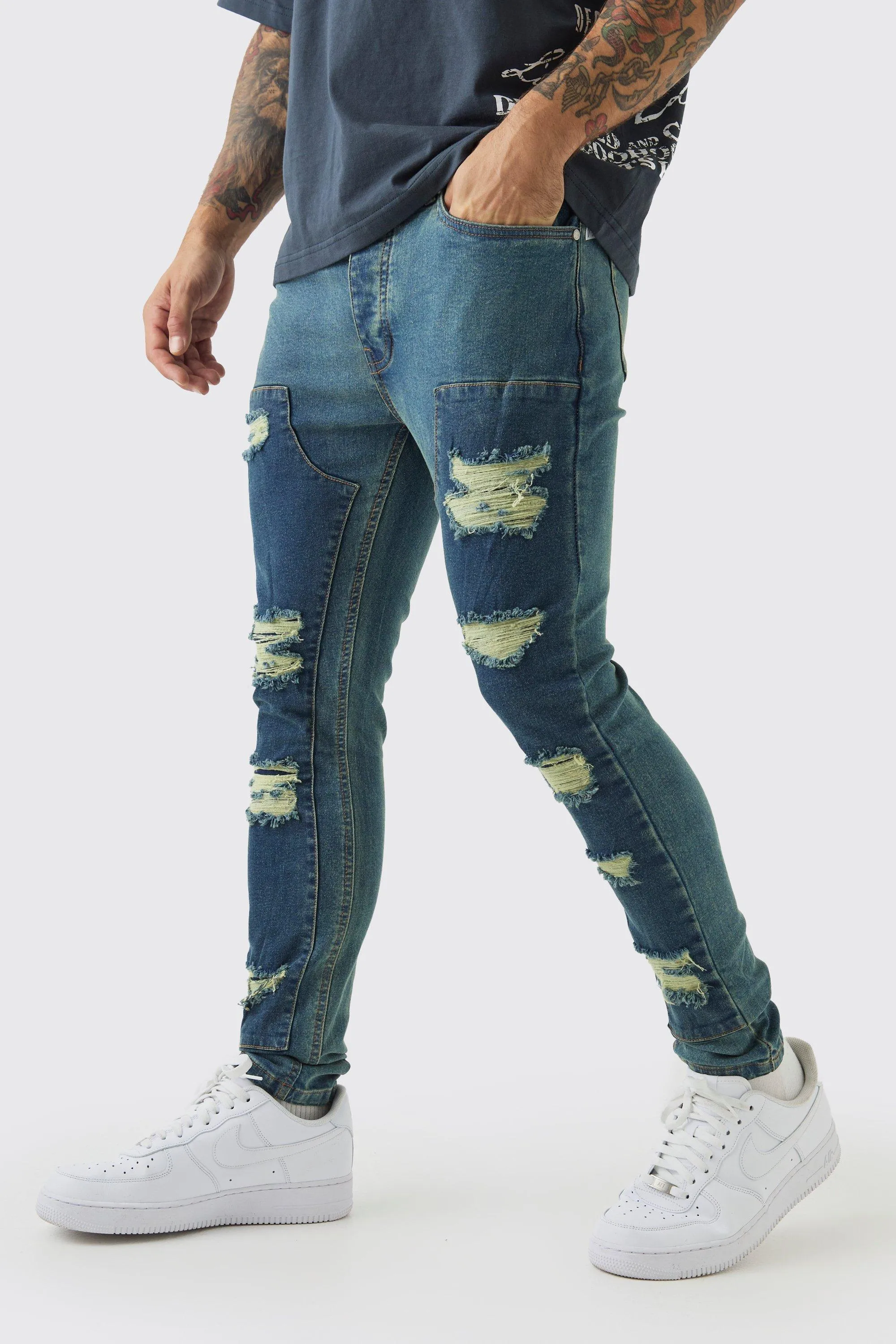 Super Skinny Stretch Carpenter Rip & Repair Denim Jeans