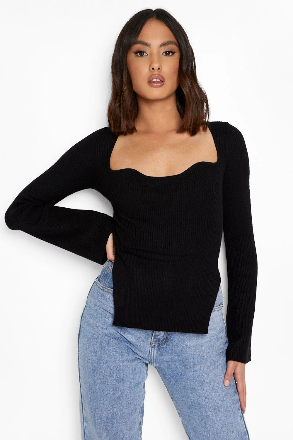 Sweetheart Neckline Rib Knit Sweater