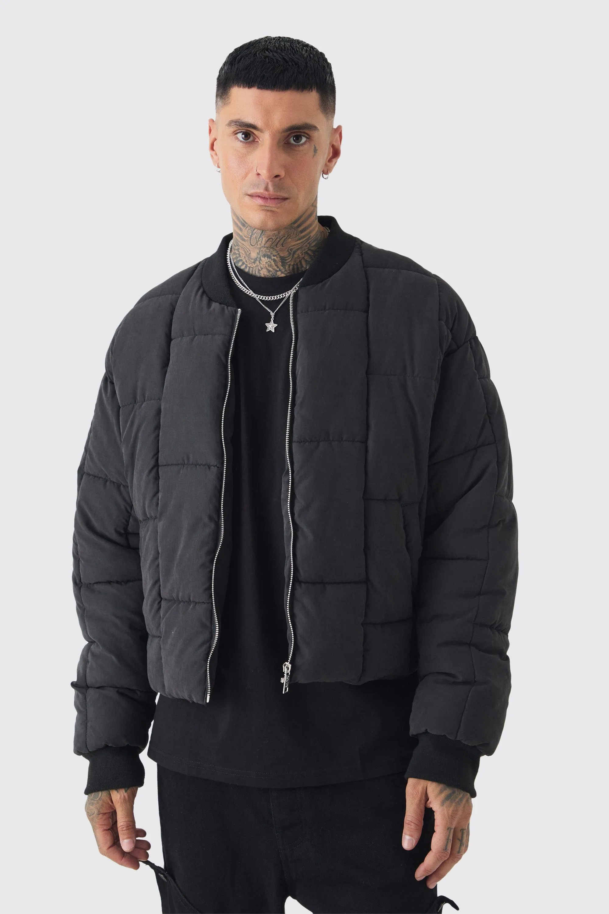 Tall Boxy Peached Square Quilted Bomber Jacket