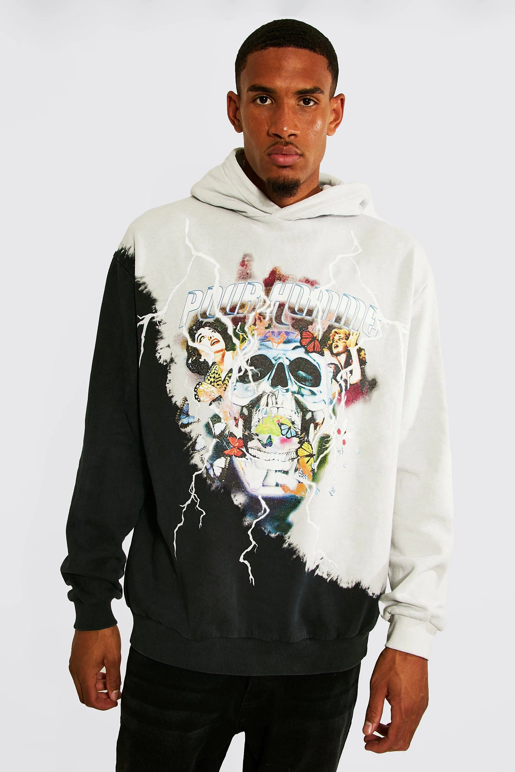 Tall Oversized Homme Skull Bleached Hoodie