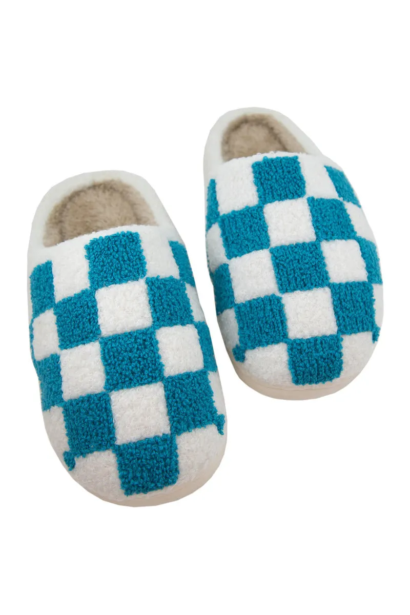 Teal Checkered Pattern Slippers