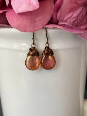 Teardrop glass in pink and gold hues and bronze wire wrapped earrings.