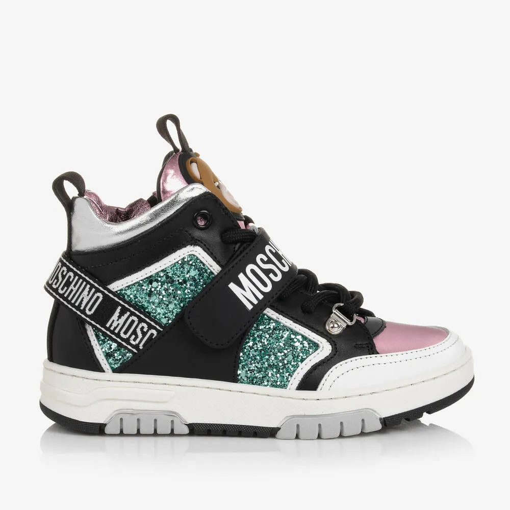 Teen Girls Black & Pink Leather Trainers