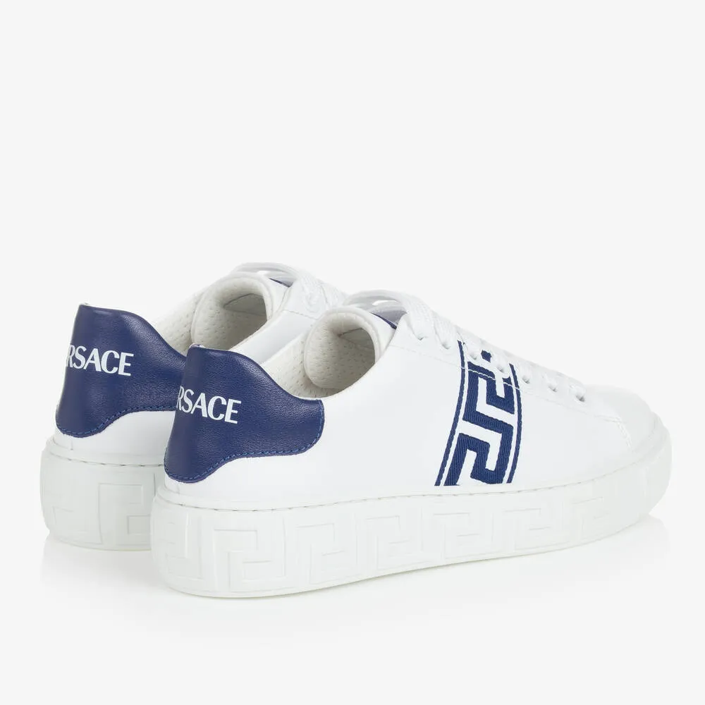 Teen White & Blue Greca Leather Trainers