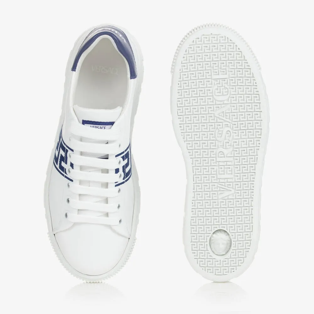 Teen White & Blue Greca Leather Trainers