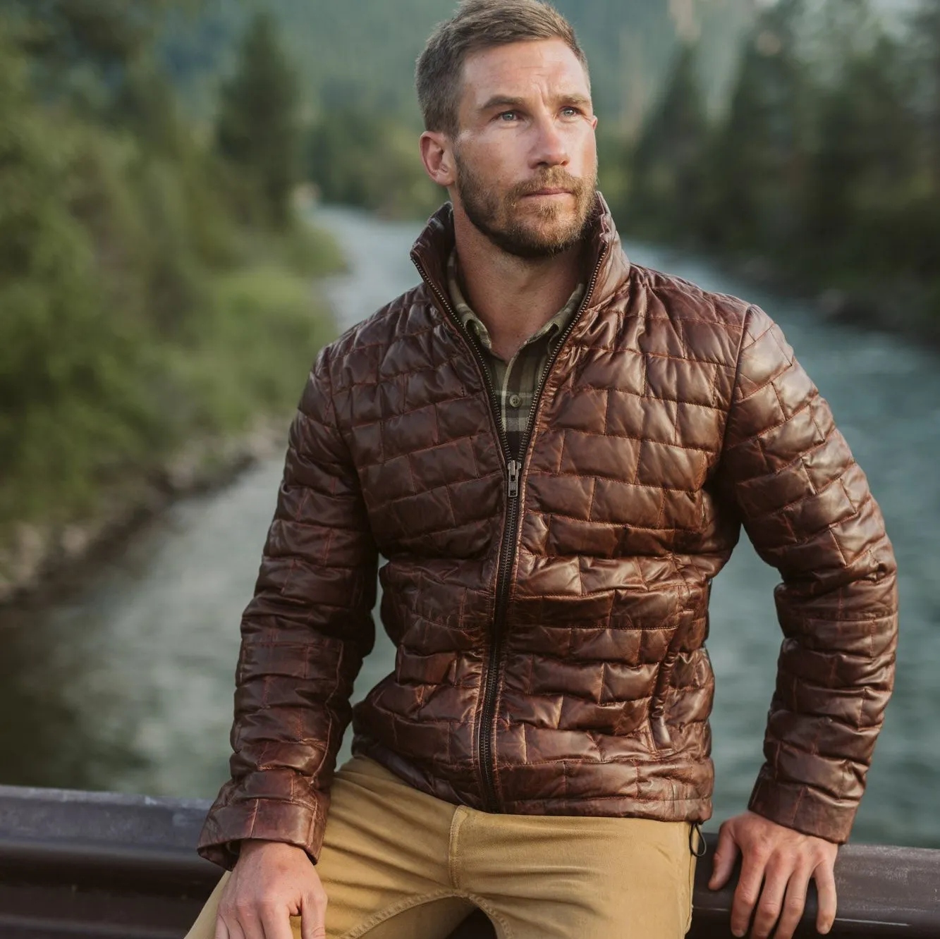 Teton Leather Light Down Jacket | Mahogany Brown