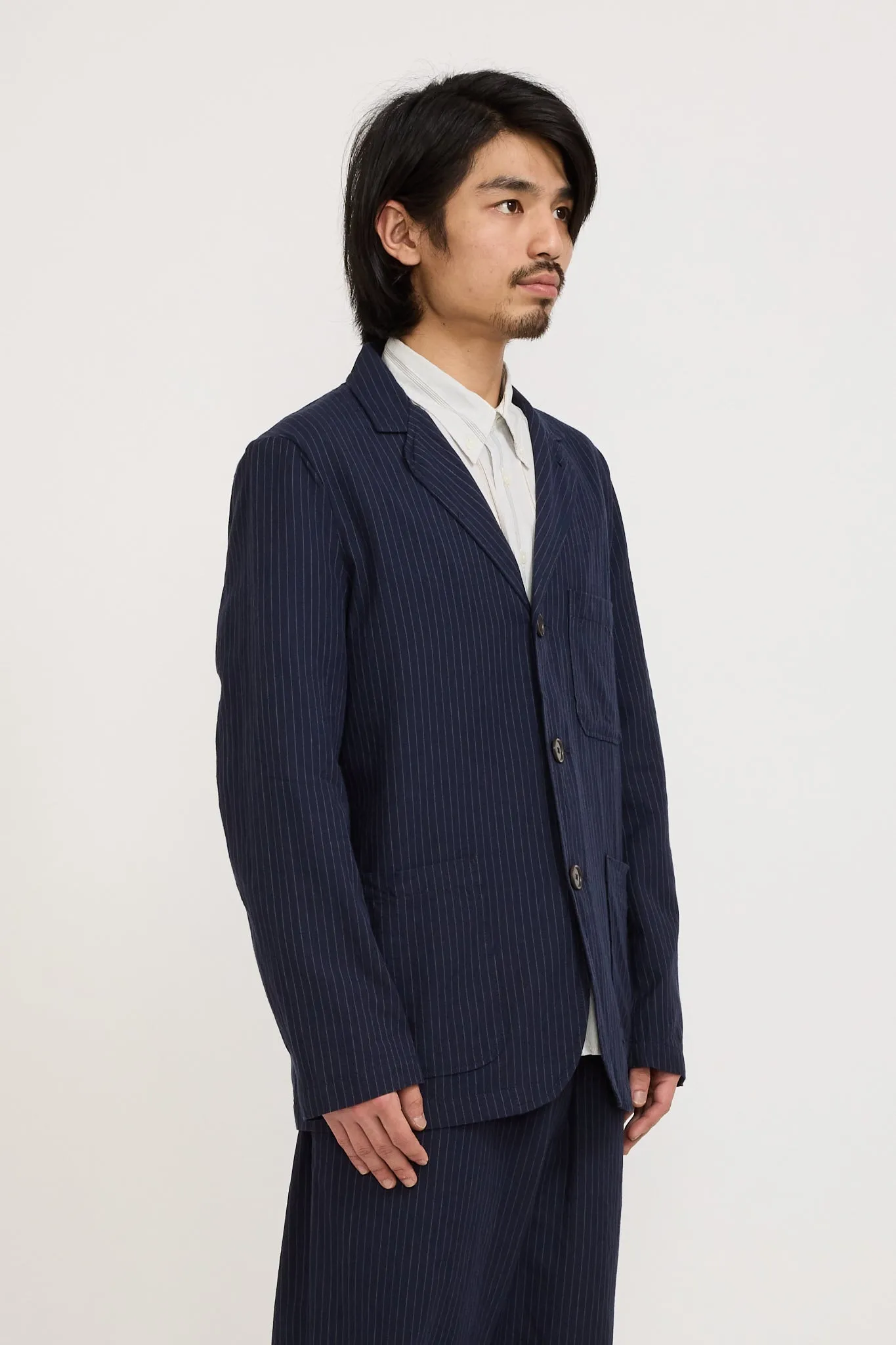 Three Button Jacket Cotton Pinstripe Navy