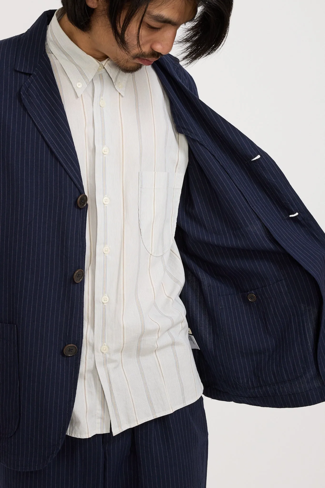 Three Button Jacket Cotton Pinstripe Navy