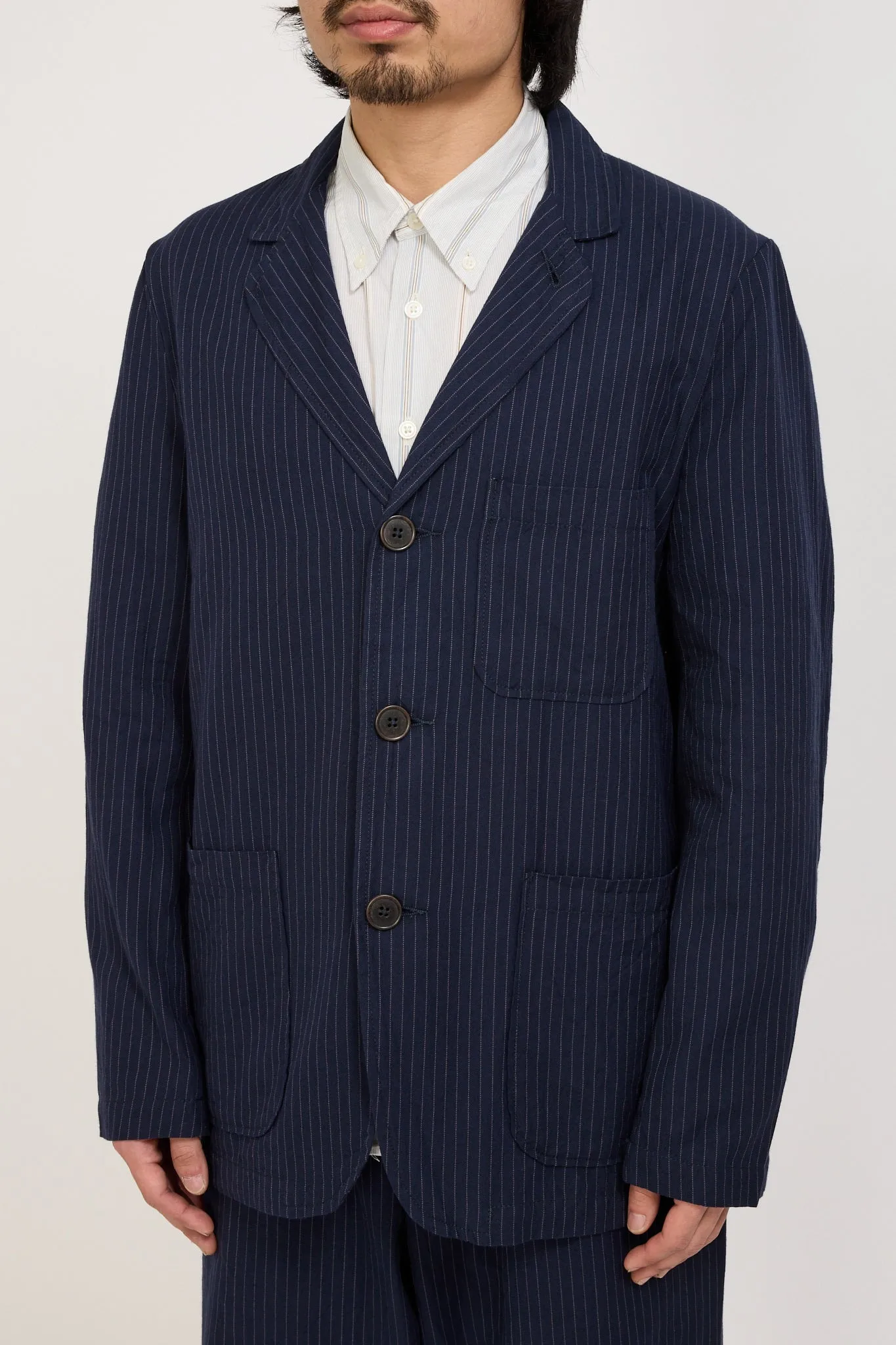 Three Button Jacket Cotton Pinstripe Navy