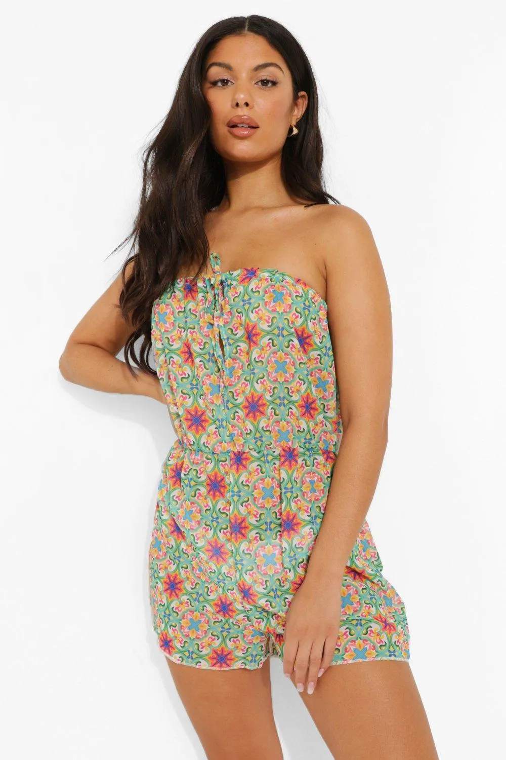 Tile Print Bandeau Woven Beach Romper