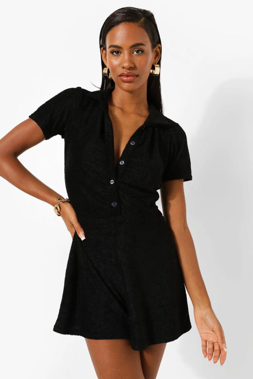 Towelling Rouched Shirt Romper