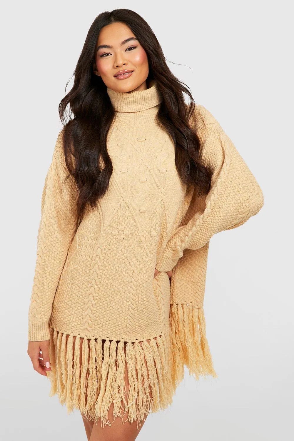 Turtleneck Cable Knit Tassel Sweater Dress