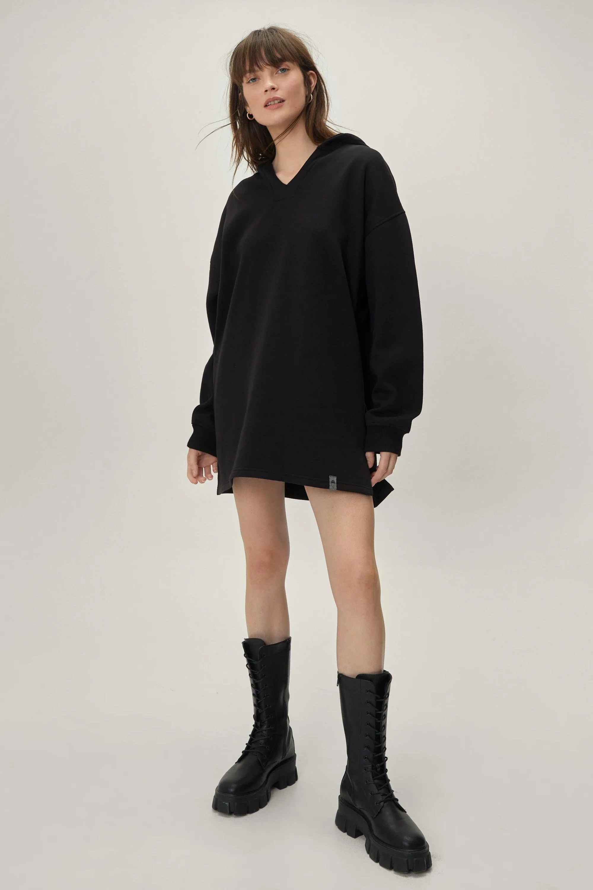 V Neck Hooded Oversized Sweatshirt Dress