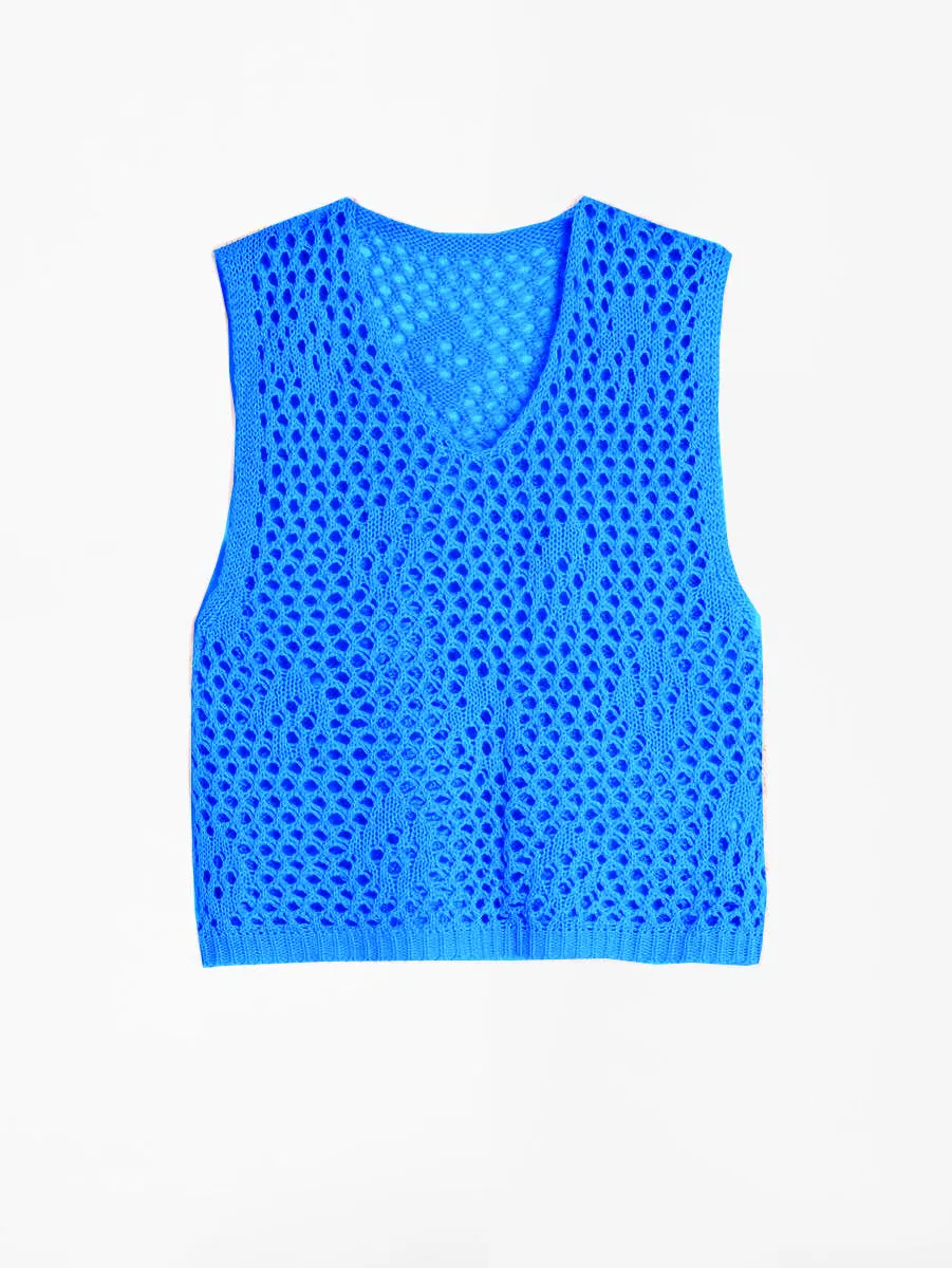 Vilagallo PALMIRA BLUE SLEEVELESS CROCHET TOP