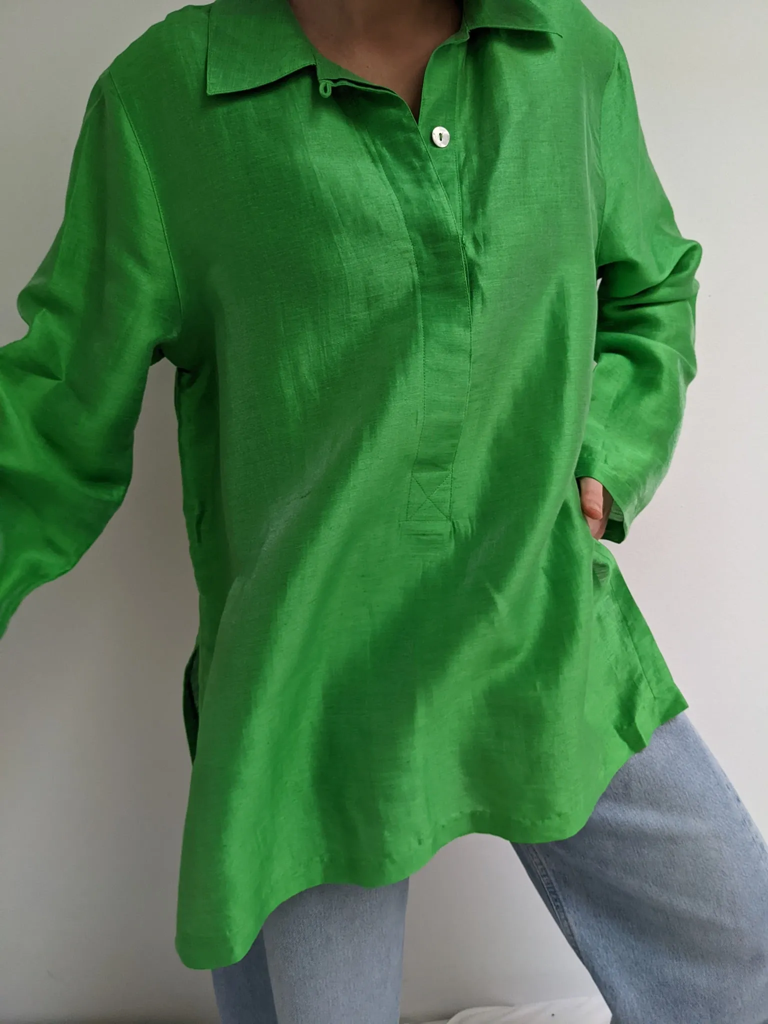 Vintage Bright Green Sheer Henley Tunic