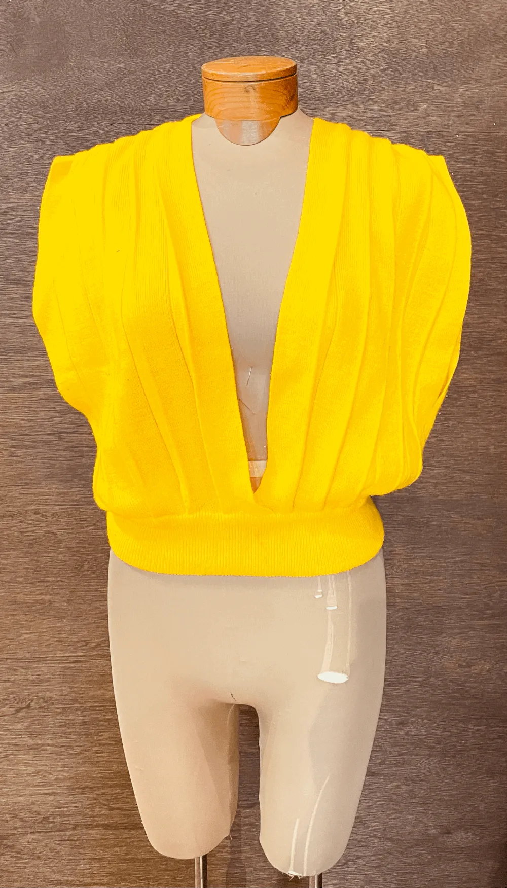 Vintage Sunflower Yellow Knit Deep V Sleeveless Pleated Top —          Star Struck Vintage