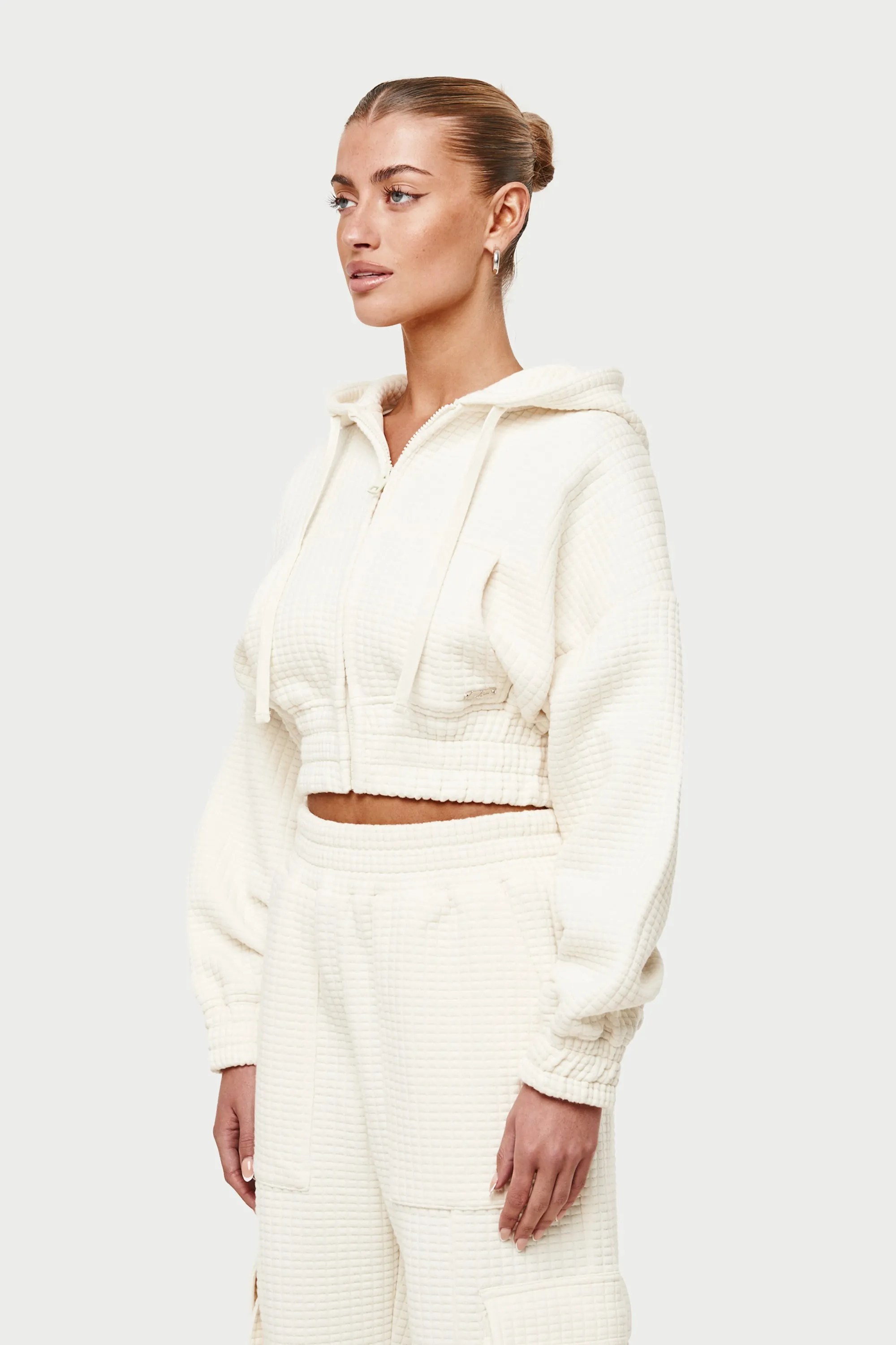 WAFFLE CROPPED ZIP THROUGH CROPPED HOODIE - CREAM