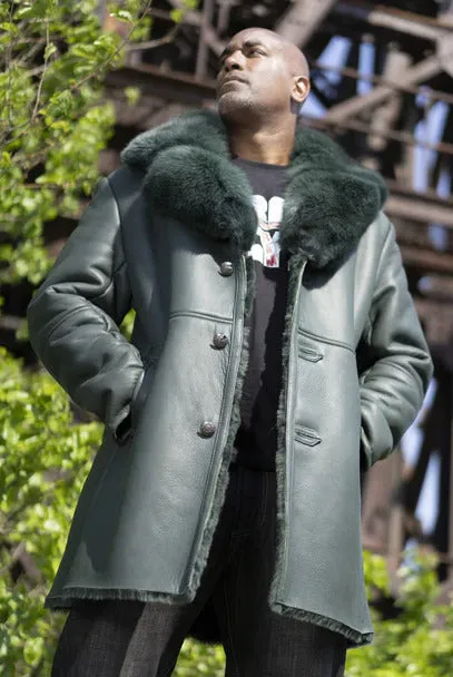 Warm Winter Green Sheepskin Shearling Trench Coat With Fox Fur Collar Style #7400