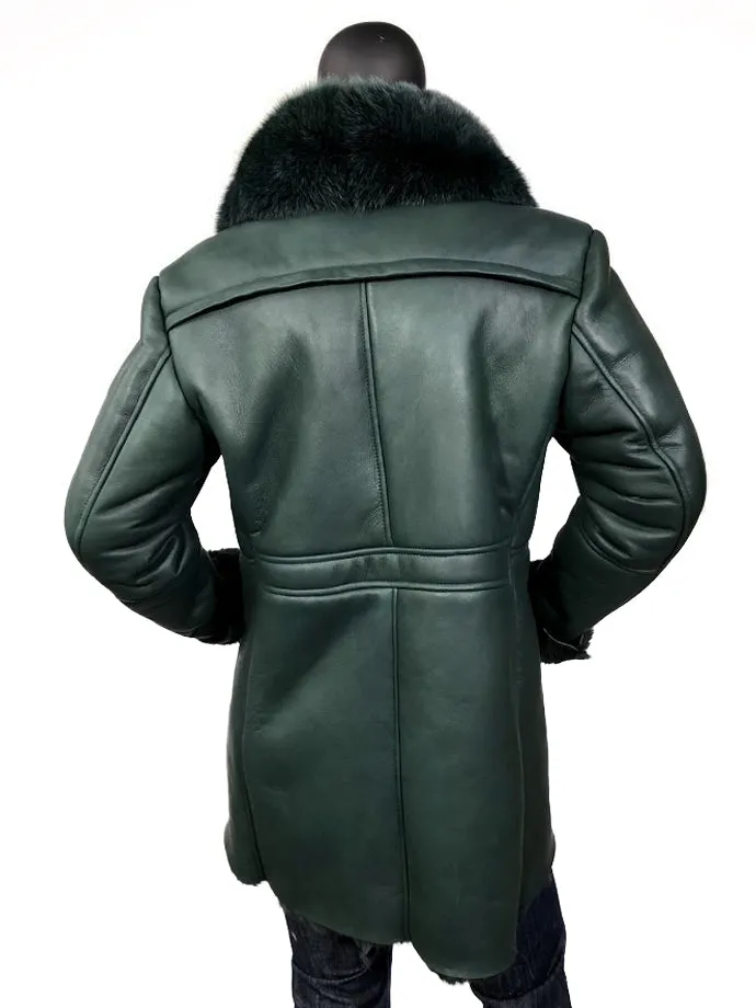 Warm Winter Green Sheepskin Shearling Trench Coat With Fox Fur Collar Style #7400