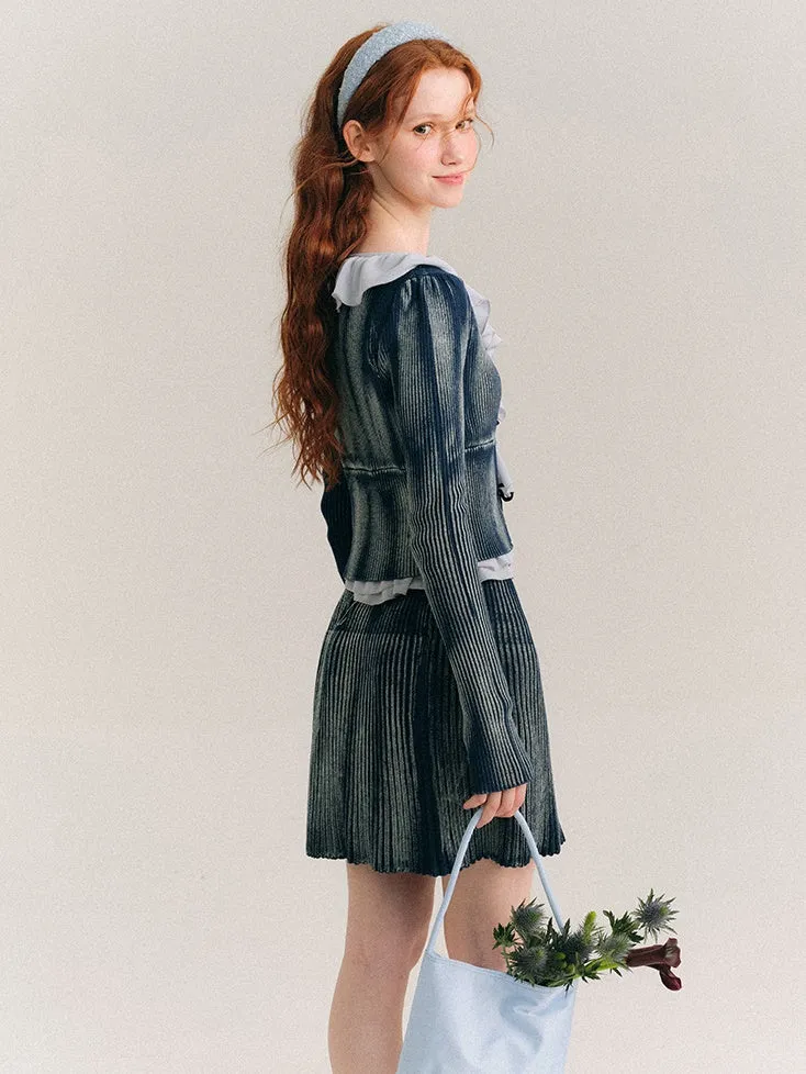 Washed Tie-dye Lace-up Knitted Cardigan & Skirt
