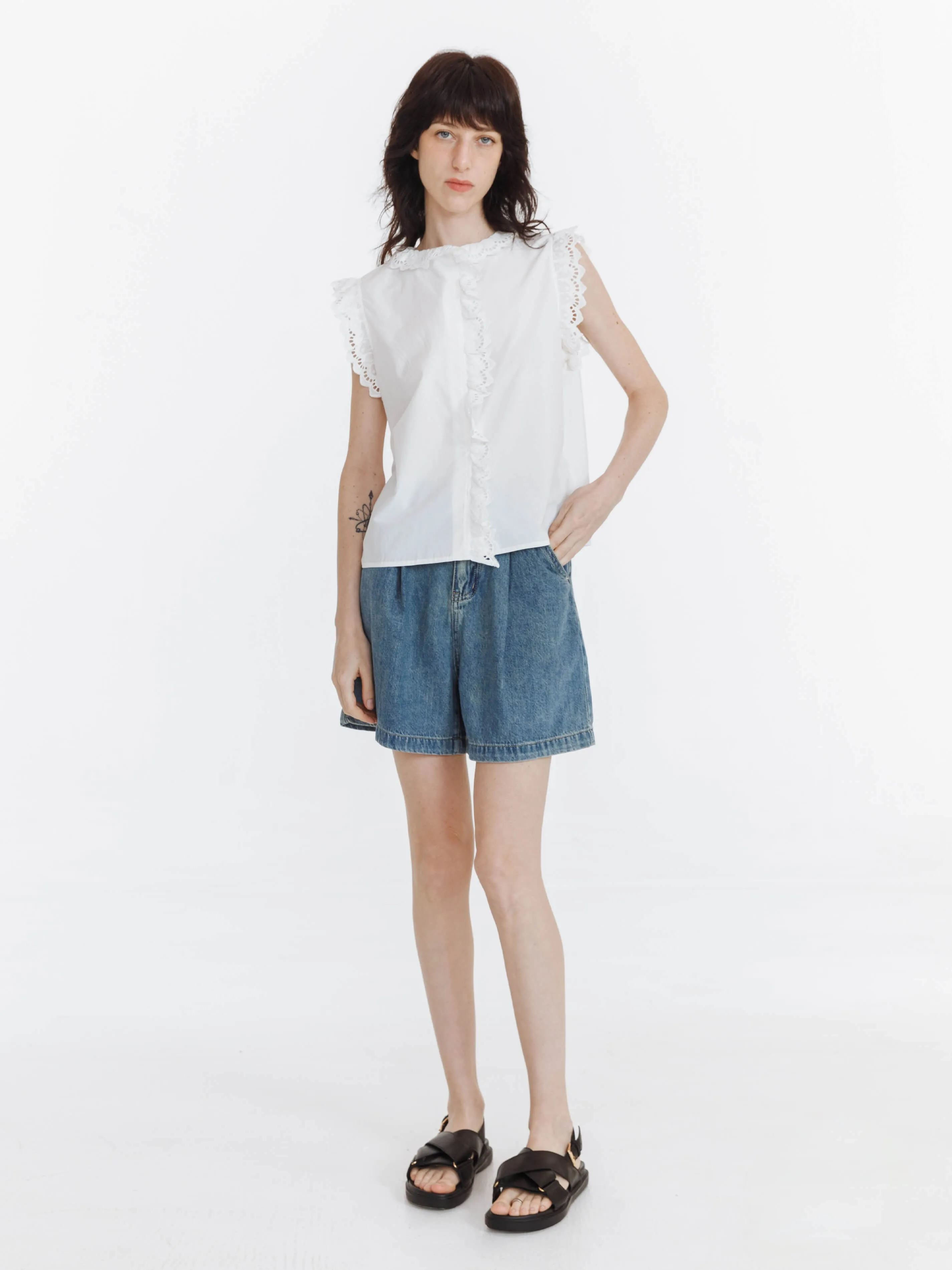 White Cotton Lace Sleeveless Top