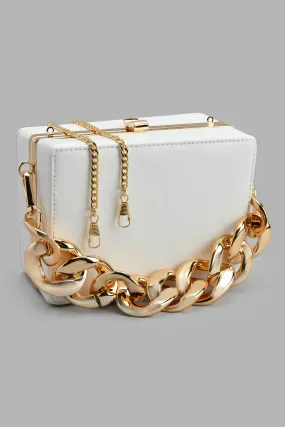 White Evening Clutch With Gold Chain
