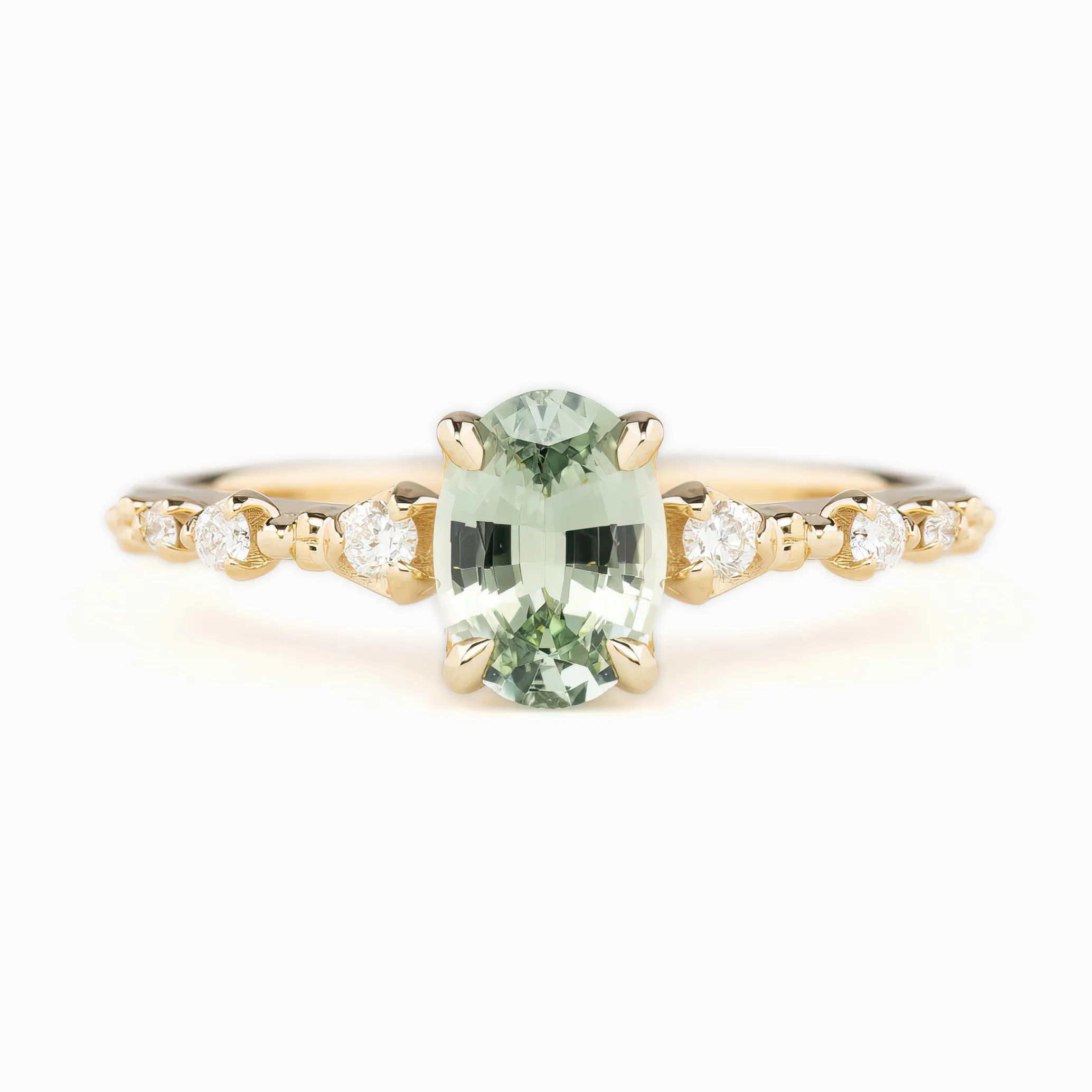 Wisteria Ring 1.06ct Light Green Madagascar Sapphire, 14K Yellow Gold (One of a kind)