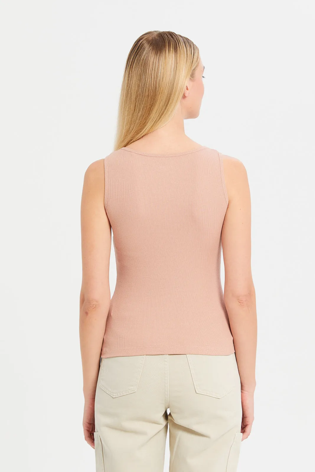 Women Beige Ribbed Vest