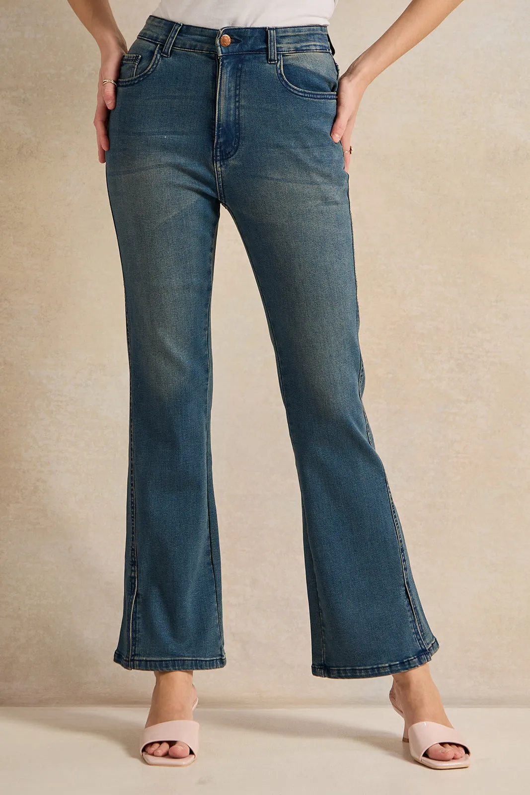 Women Blue Acid Flare Jeans