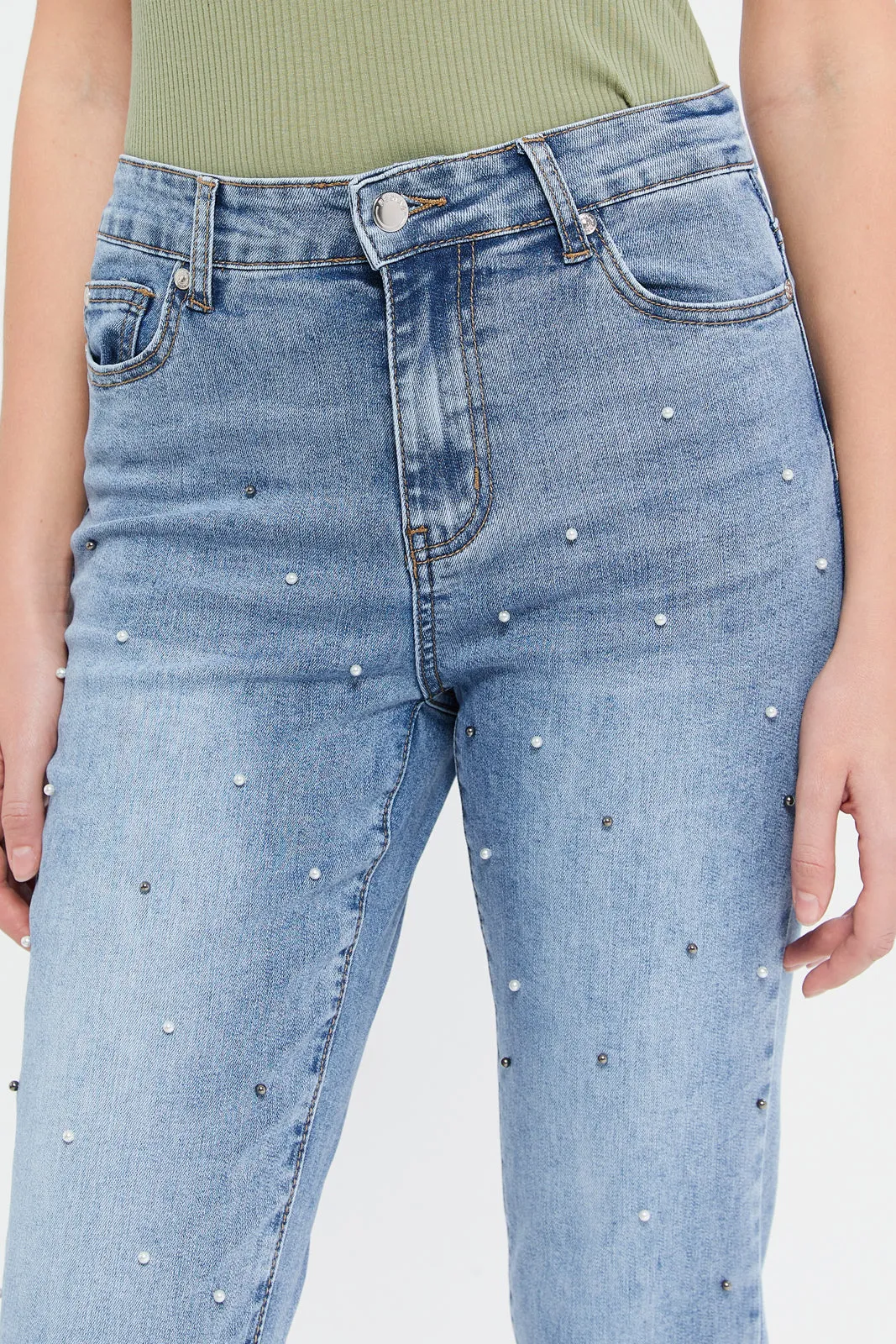 Women Blue Embellished Straight Fit Jeans