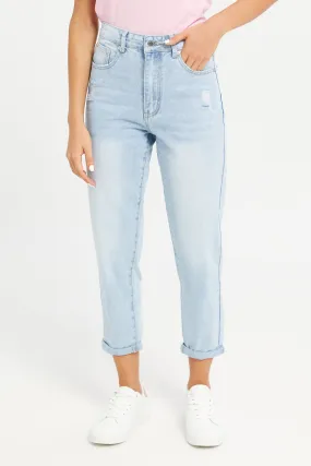 Women Blue High Waist Mom Jeans