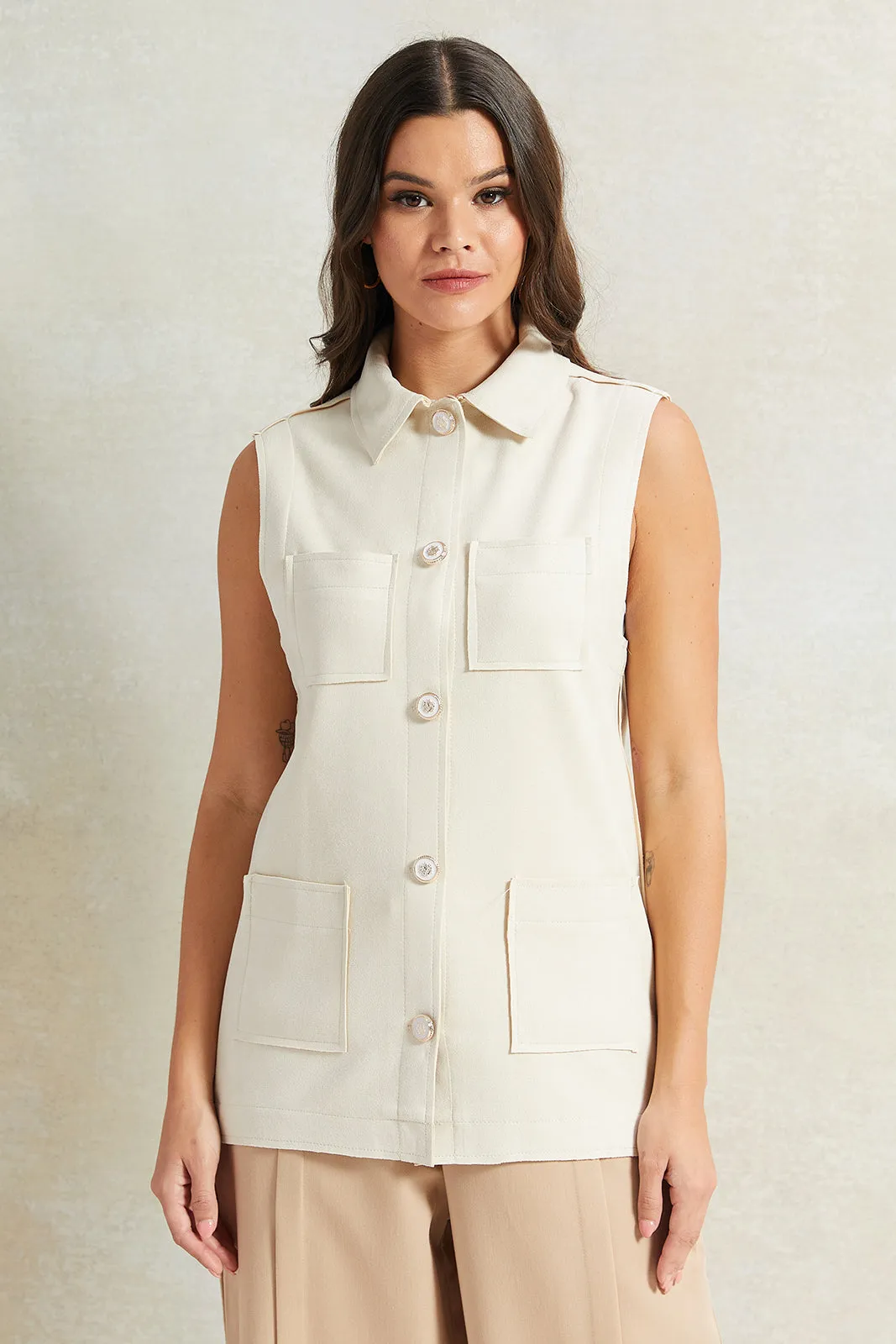 Women Cream Sleeveless Collared Vest