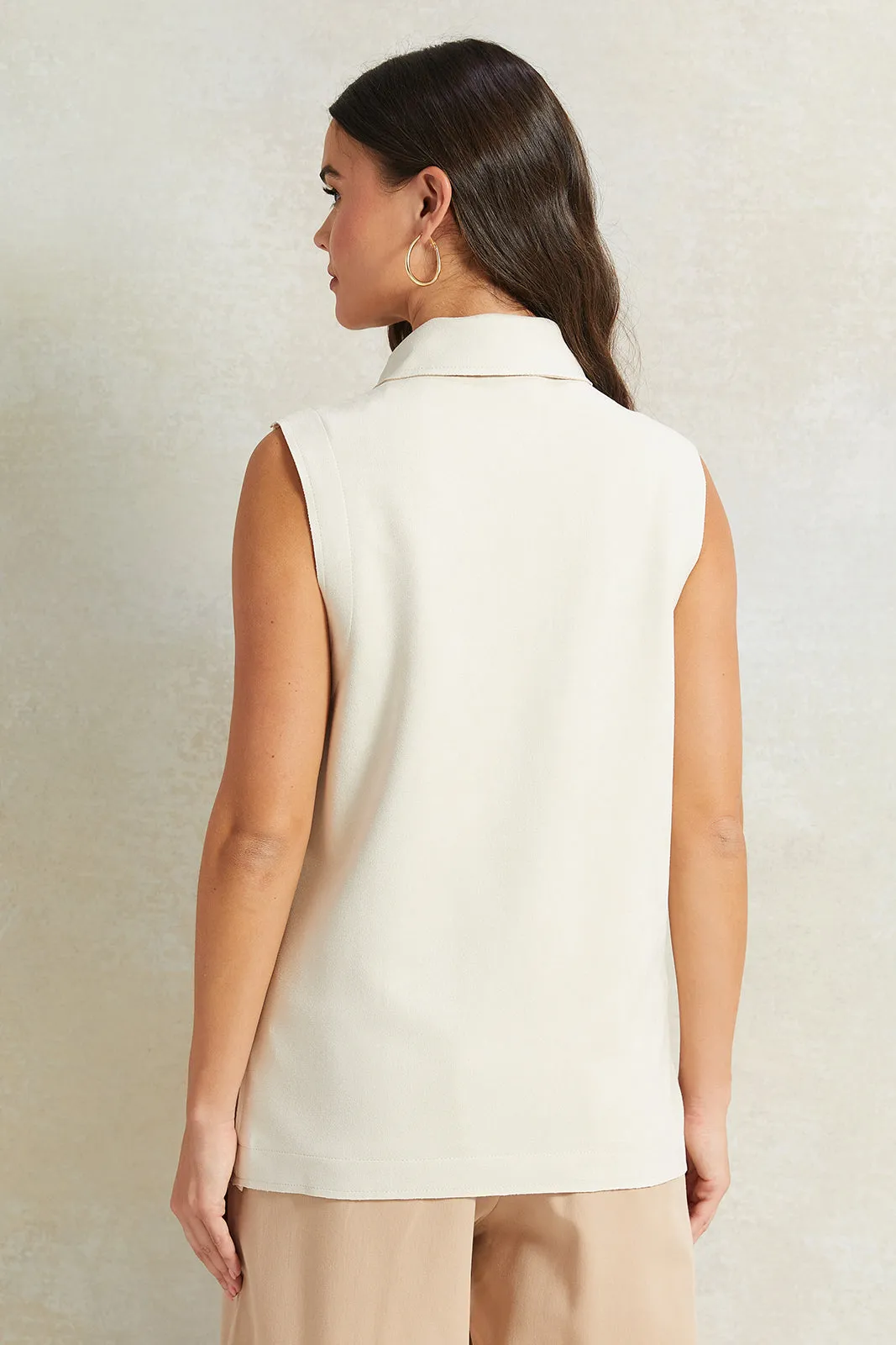 Women Cream Sleeveless Collared Vest