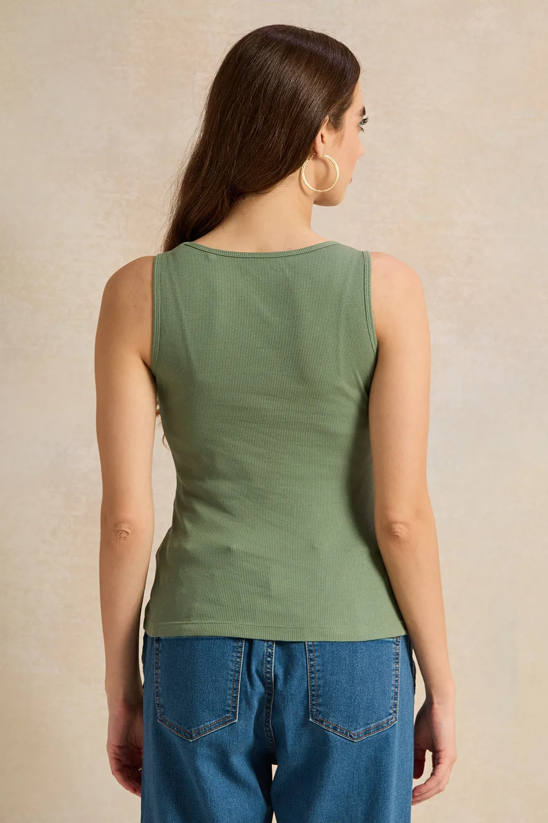 Women Green Plain Sleeveless Vest