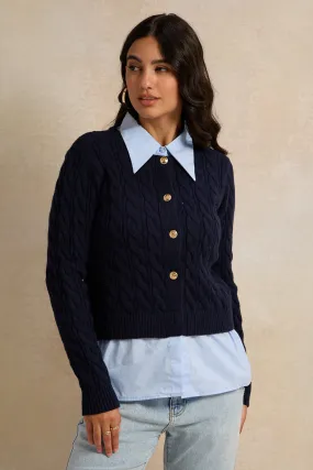 Women Navy And Blue Collared Mock Neck Sweater