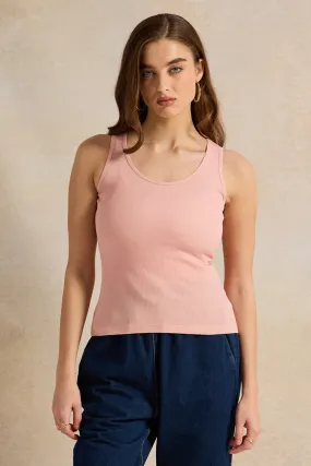 Women Pink Plain Ribbed Vest