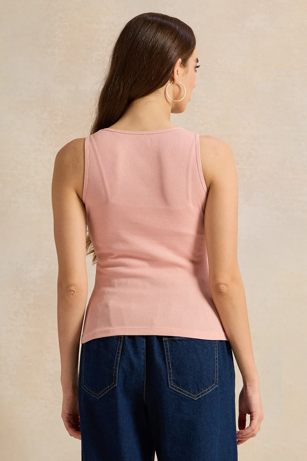 Women Pink Plain Ribbed Vest