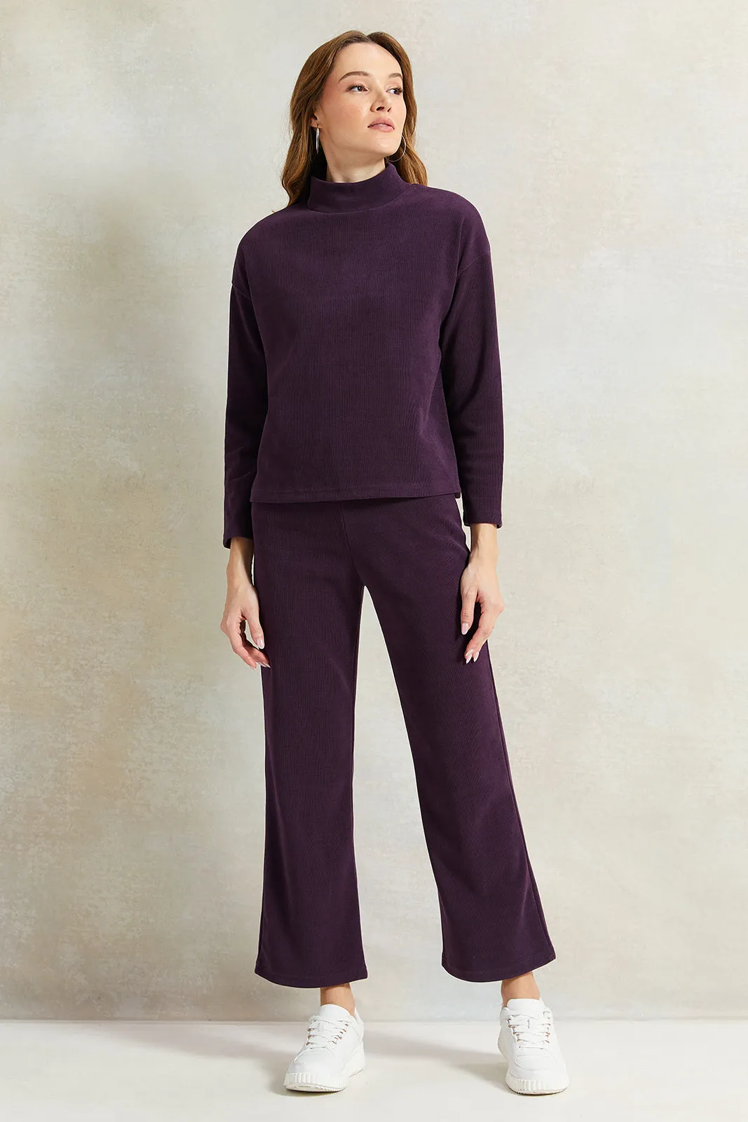 Women Purple Knitted High Neck Sweater