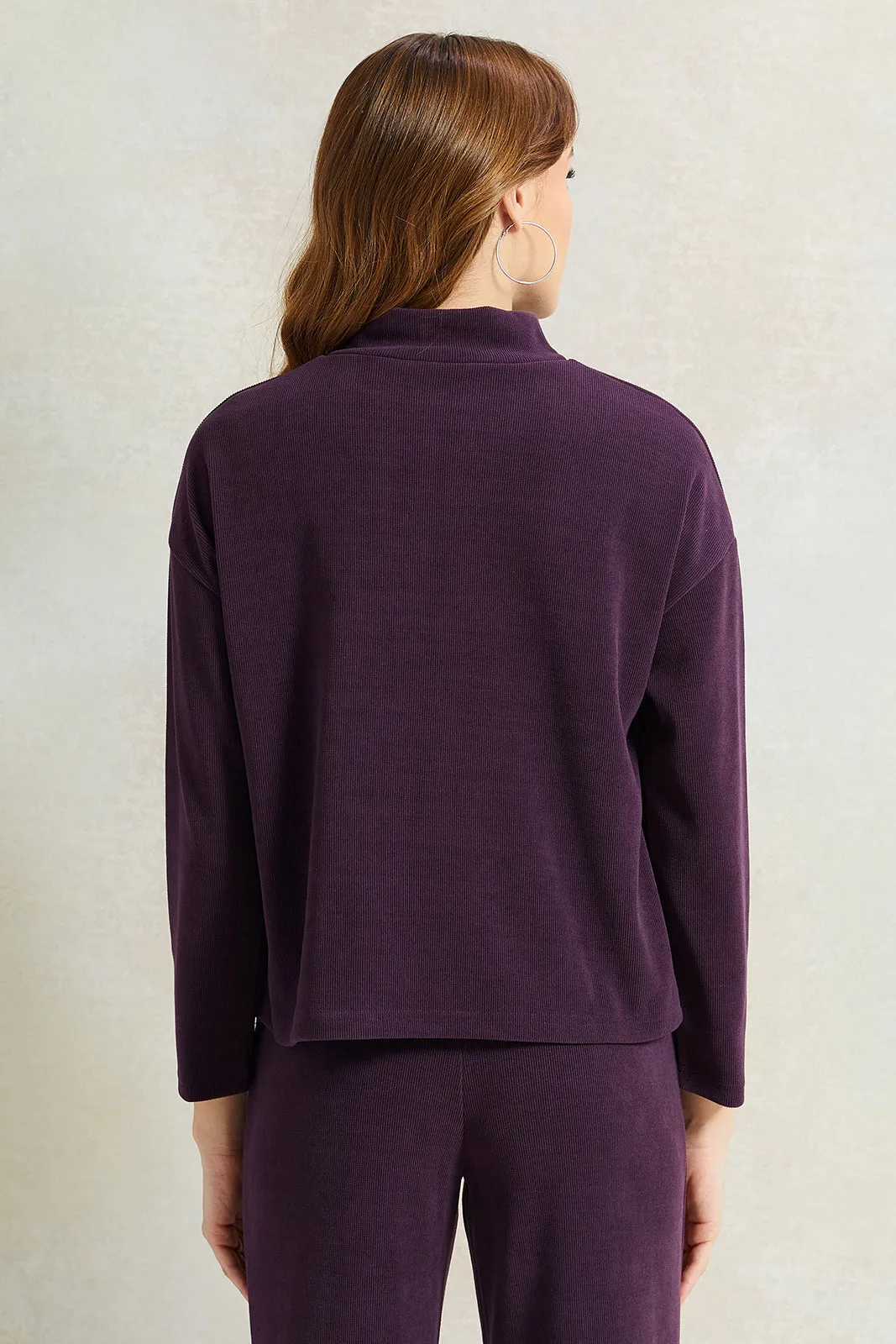 Women Purple Knitted High Neck Sweater