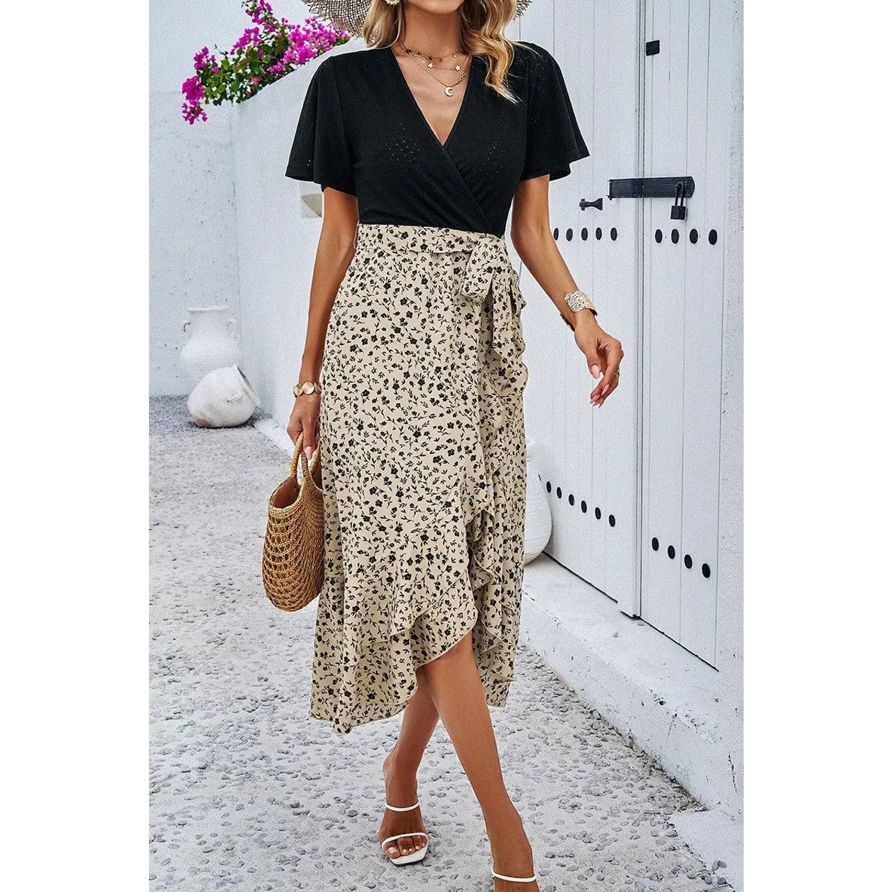 Women's Floral Fusion Wrap Midi Dress