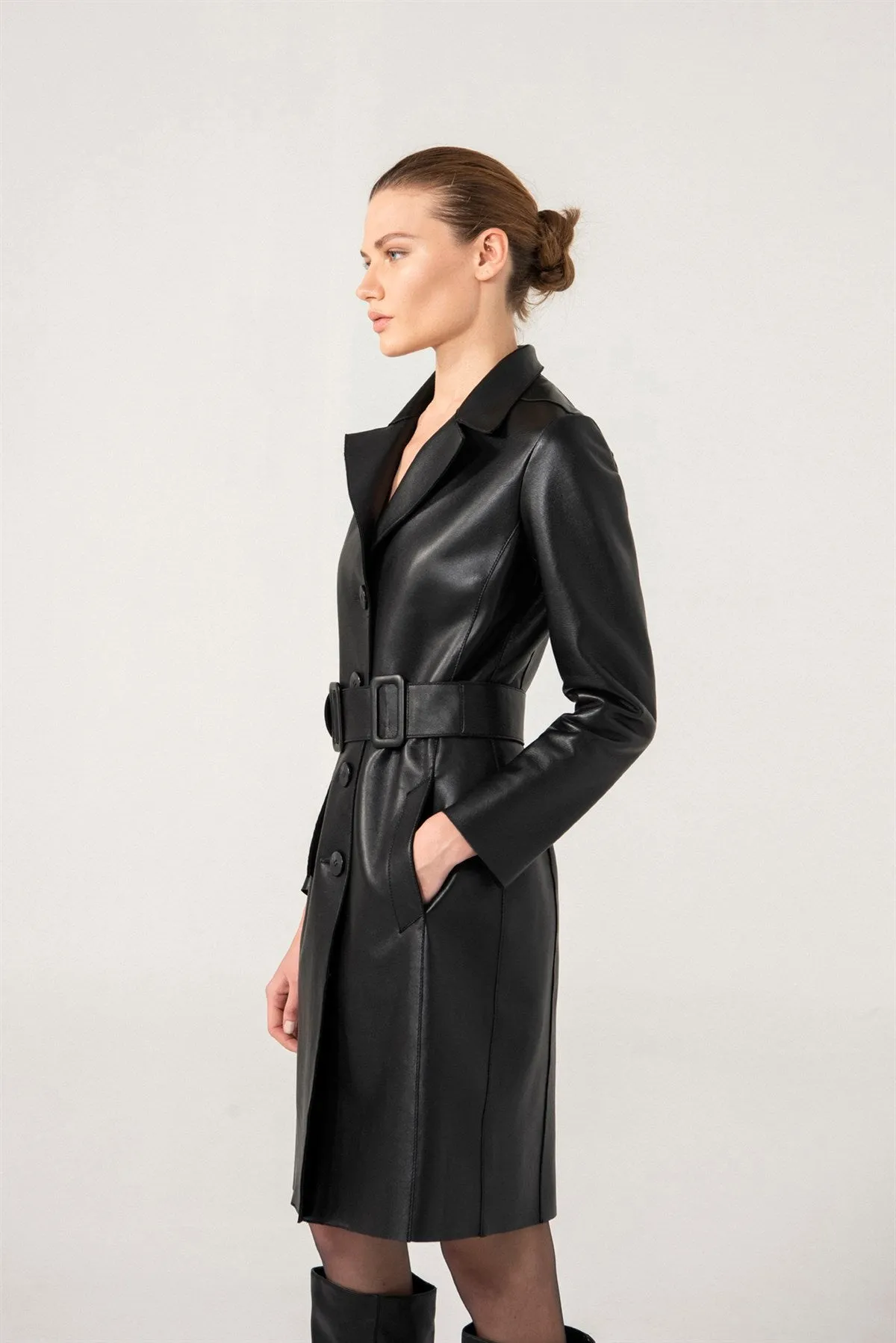 Women’s Black Sheepskin Leather Trench Coat Button Downed