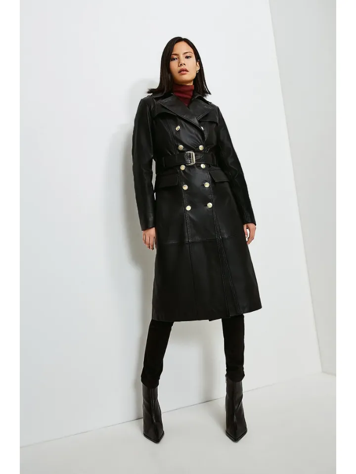 Women’s Black Sheepskin Leather Trench Coat Golden Buttons