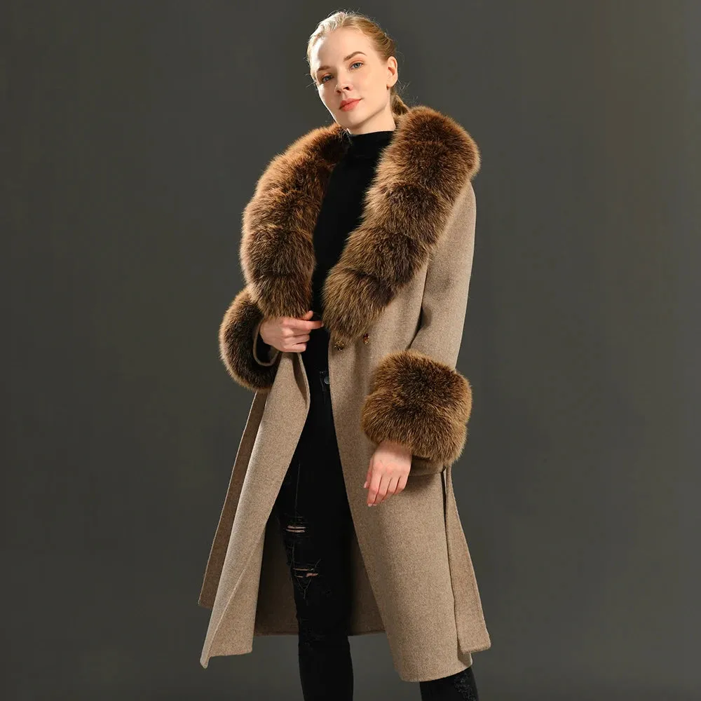 Women's Cashmere and Jasmine Wool Trench Coat with Fur Collar