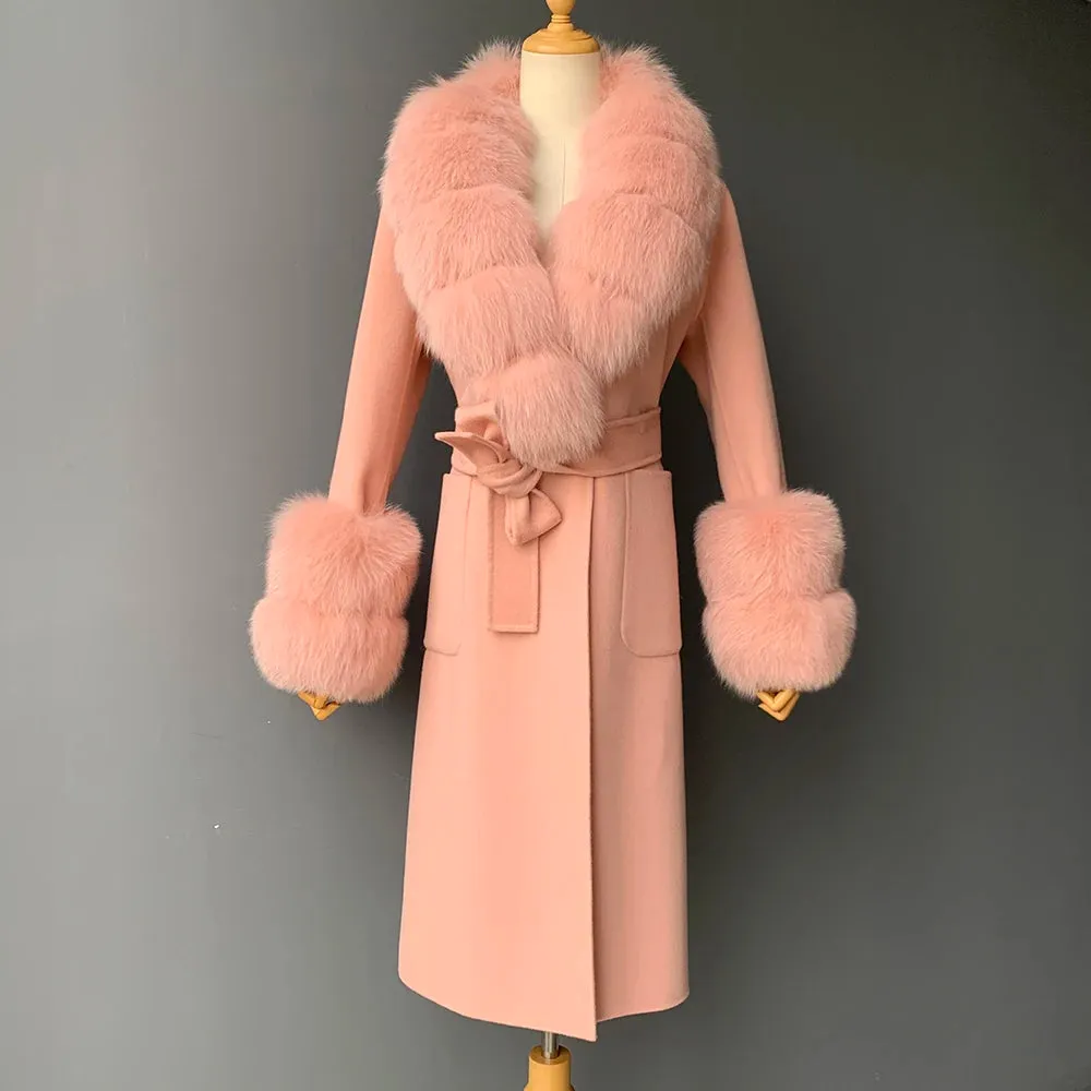 Women's Cashmere and Jasmine Wool Trench Coat with Fur Collar